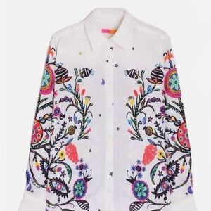 Vilagallo Tree of Life White Multicolor Floral Button Down Shirt Size EU44 NWOT.